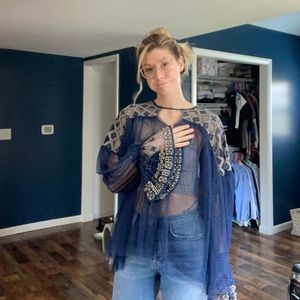 FP Navy Embroidered Tulle Top